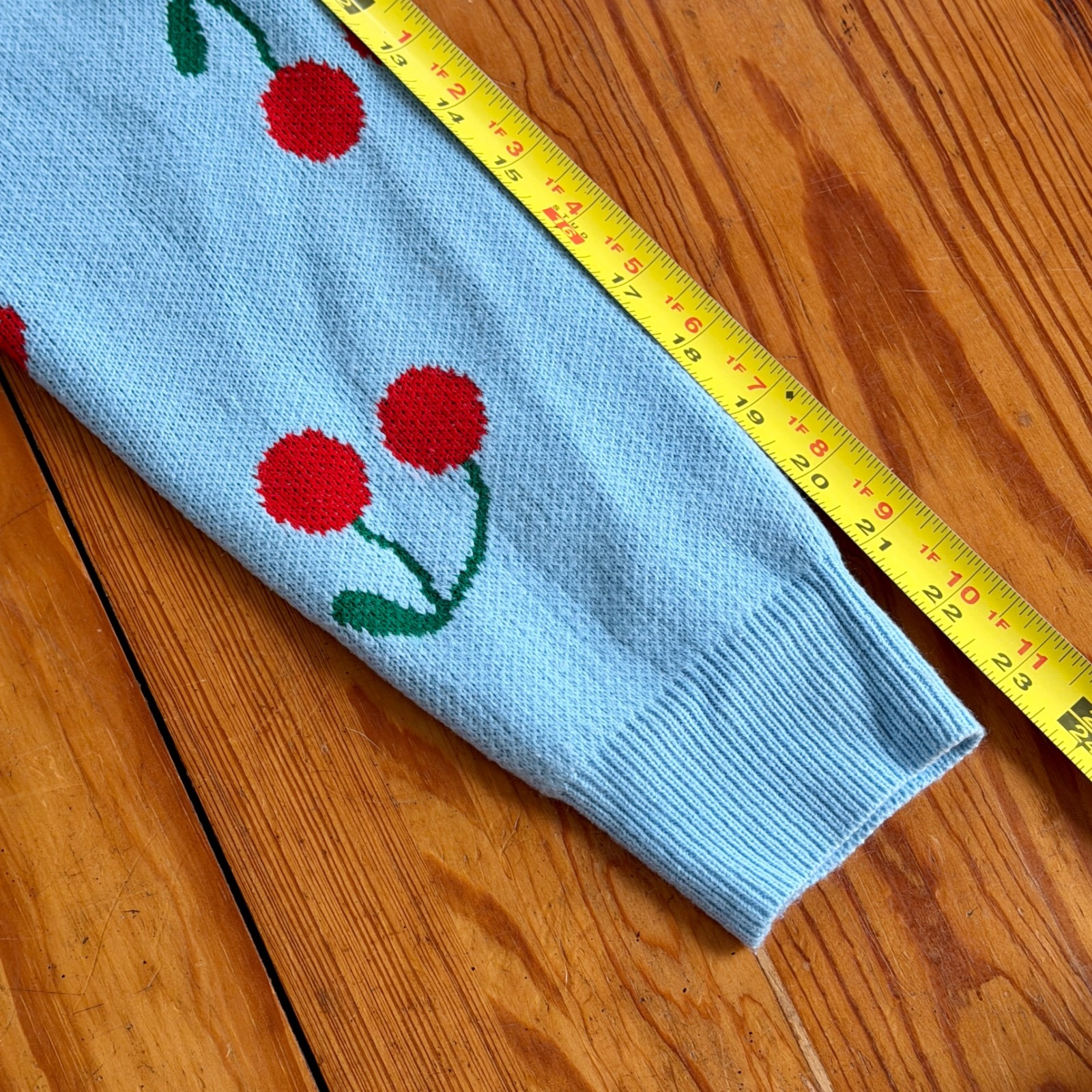 Cherry Print Mackenzie & Me Blue Knit Button Front Cardigan — image 6 of 7